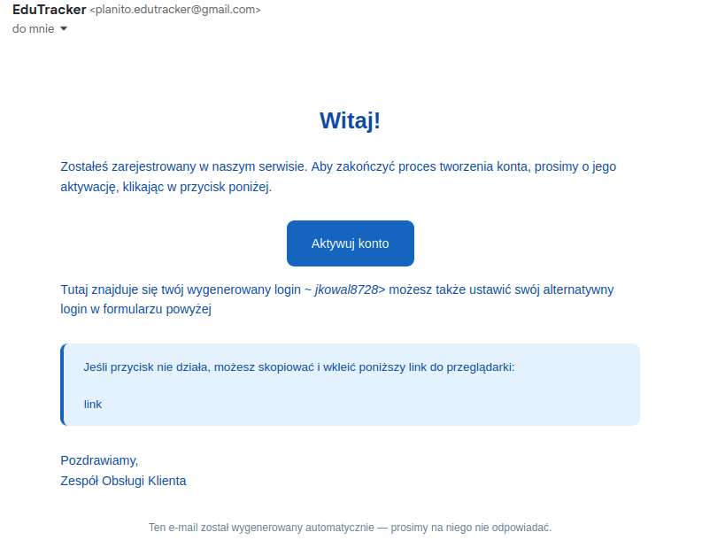 Mail aktywacyjny konto