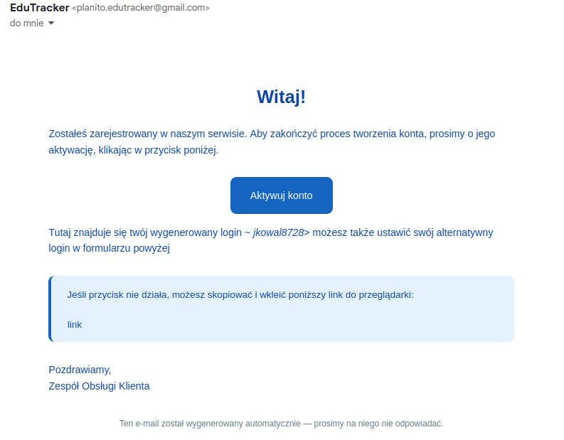Przykładowy mail aktywacyjny konto