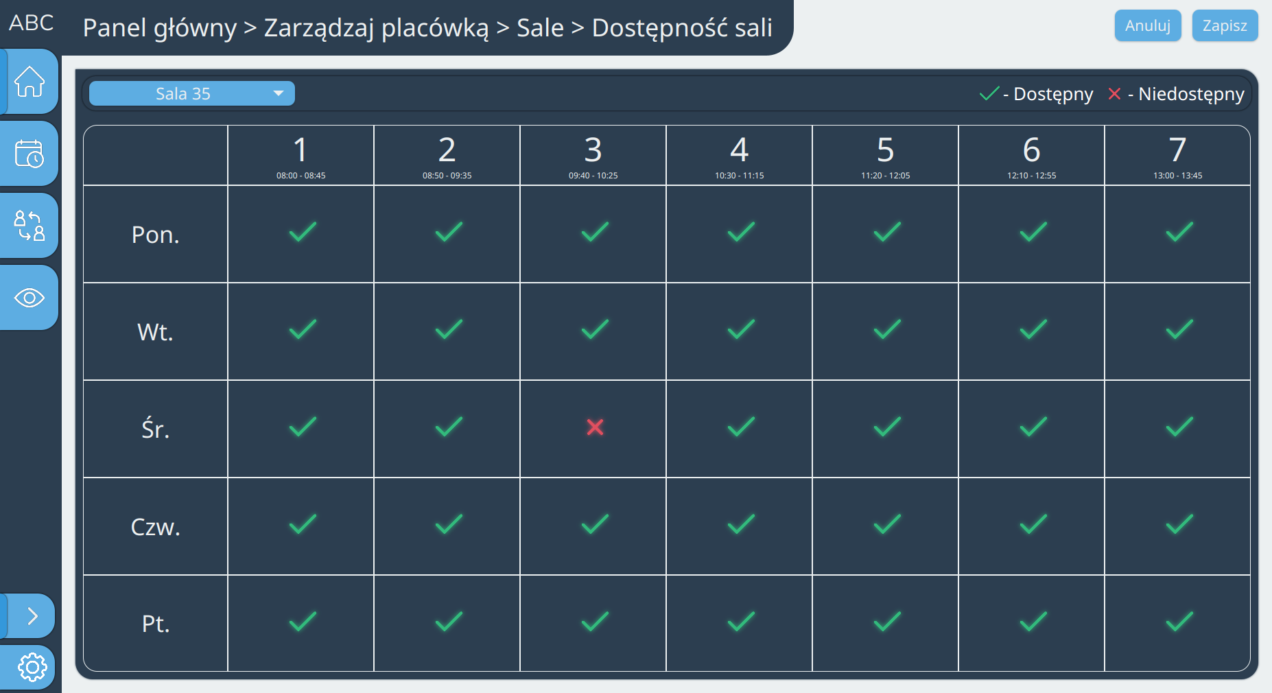 Widok przedstawiający dostępność sal