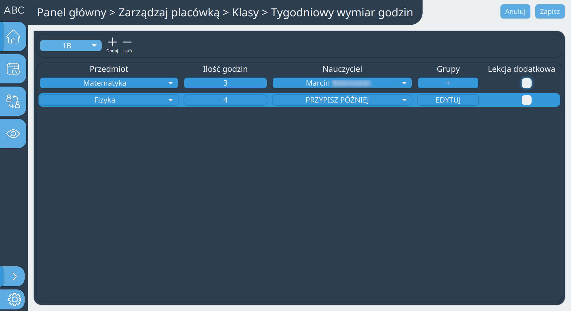 Widok edycji tygodniowego wymiaru godzin