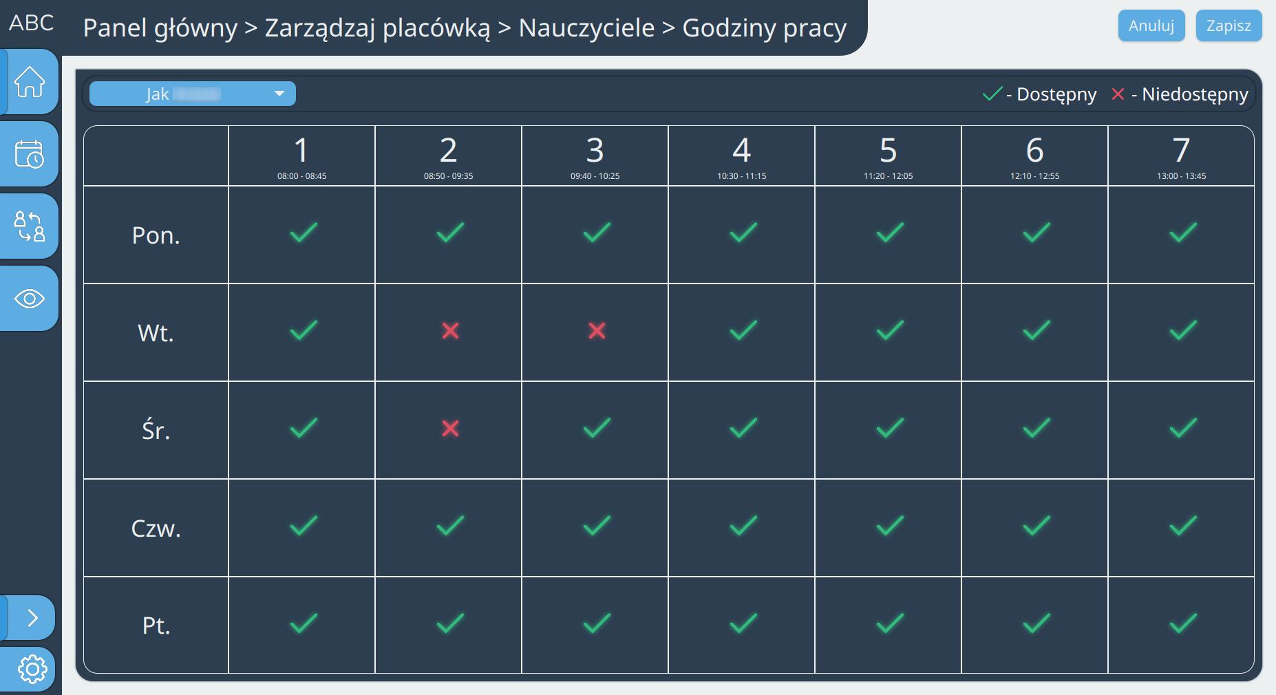 Widok edycji dostępnych godzin
