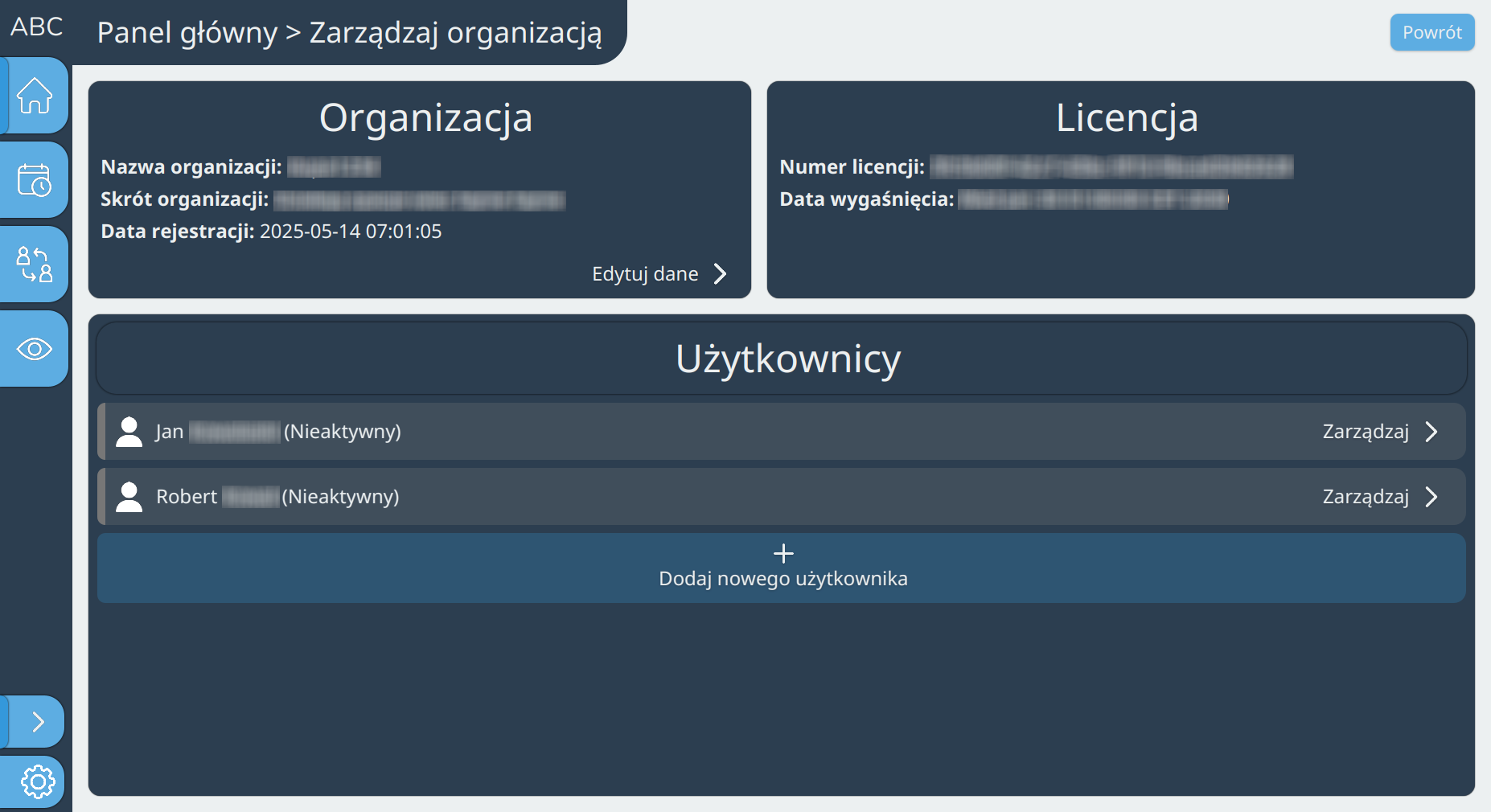 Strona główna widoku Zarządzanie Organizacją