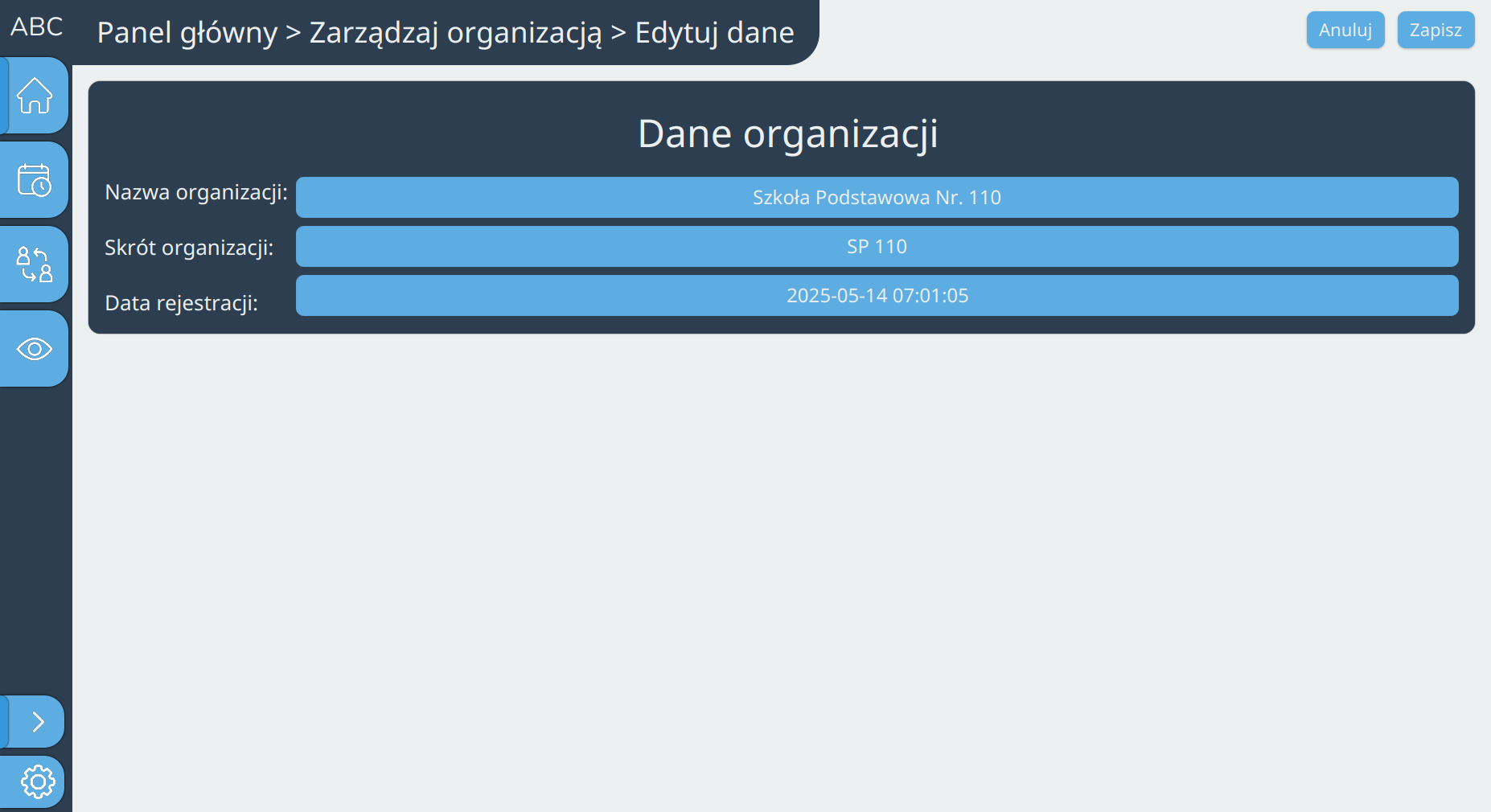 Widok edycji zarządzania organizacją